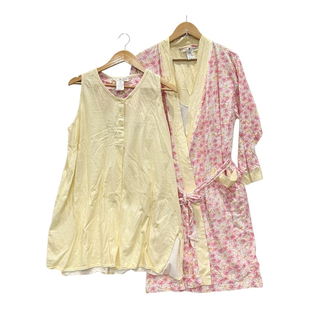 Sara Beth Womens L Floral Gingham Nightgown and Robe Set Pink Yellow